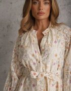 bisou's project Rochie Bej cu Croială Cloș cu Cordon din Material și cu Imprimeu Floral Dimtina