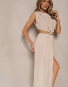 bisou's project Rochie Bej cu tiv evazat decorată cu decupaje în talie și cu detaliu metalic Galanissa