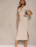 bisou's project Rochie Bej cu Viscoză cu Croi Mulat cu Drapaj Decorativ Linamerra