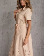 bisou's project Rochie Bej de bumbac cu finisaj ajurat cu curea în talie încheiată cu nasturi Dimosha