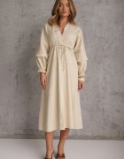 bisou's project Rochie Bej din Bumbac cu Elastic în Talie și Inserții din Dantelă cu Centură din Material Larila