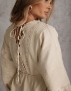 bisou's project Rochie Bej din Bumbac cu Elastic în Talie și Inserții din Dantelă cu Centură din Material Larila