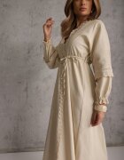 bisou's project Rochie Bej din Bumbac cu Elastic în Talie și Inserții din Dantelă cu Centură din Material Larila