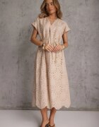 bisou's project Rochie bej din bumbac cu finisaj brodat cu centură de material în talie Dimla