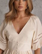 bisou's project Rochie Bej Evazată Maxi cu Inserții Ajurate din In și Bumbac Camya