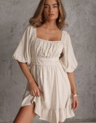 bisou's project Rochie Bejă din In și Vâscoză cu căptușeală volan și elastic în talie Alzemia