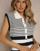 bisou's project Rochie Bleumarin Tricotată în Dungi cu Croială Mulată cu Guler Mepanna