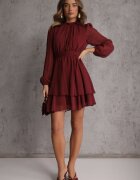 bisou's project Rochie Bordeaux vaporoasă din șifon cu croi evazat și mâneci bufante Aziva