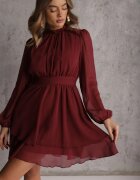 bisou's project Rochie Bordeaux vaporoasă din șifon cu croi evazat și mâneci bufante Aziva