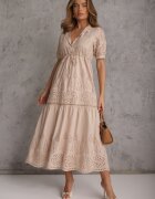 bisou's project Rochie brodată bej de bumbac cu elastic în talie Ineryna