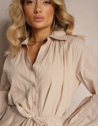 bisou's project Rochie Cămașă Bej din bumbac cu nasturi și curea din material finisată cu dantelă Satala