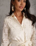 bisou's project Rochie cămașă bej perforată cu cordon legat Faeyela