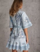 bisou's project Rochie-cămașă din bumbac cu print grecesc mozaicat și curea tip cravată Hesione Albastră