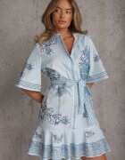 bisou's project Rochie-cămașă din bumbac cu print grecesc mozaicat și curea tip cravată Hesione Albastră