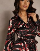 bisou's project Rochie cămașă Negru-Roșie cu croi evazat cu elastic în talie și imprimeu abstract Tinnelittia