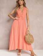 bisou's project Rochie Cloș Portocalie Maxi cu Elastic în Talie și Nasturi Decorativi din Viscoză Vianna