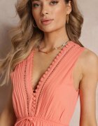 bisou's project Rochie Cloș Portocalie Maxi cu Elastic în Talie și Nasturi Decorativi din Viscoză Vianna