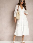 bisou's project Rochie de bumbac albă cu croială evazată finisată cu inserții ajurate Perline