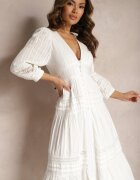 bisou's project Rochie de bumbac albă cu croială evazată finisată cu inserții ajurate Perline