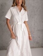 bisou's project Rochie de bumbac Albă cu finisaj ajurat cu cordon în talie închisă cu nasturi Dimosha