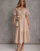 bisou's project Rochie de bumbac Bej cu croi cloș cu broderie cu nasturi și elastic în talie Lovarae