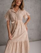 bisou's project Rochie de bumbac Bej cu croi cloș cu broderie cu nasturi și elastic în talie Lovarae