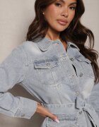 bisou's project Rochie din denim de bumbac albastră deschisă în stil cămașă cu curea și buzunare Dettia