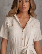 bisou's project Rochie din viscoză bej închis cu in nasturi și mânecă scurtă decorată cu curea din material Gracilla