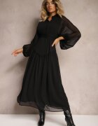 bisou's project Rochie Elegancka Neagră în Stil Vintage cu nasturi acoperiți și încrețituri Lefandia