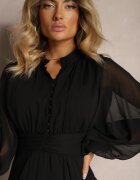 bisou's project Rochie Elegancka Neagră în Stil Vintage cu nasturi acoperiți și încrețituri Lefandia