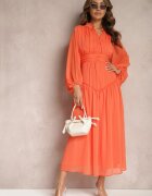 bisou's project Rochie Elegantă Portocalie în Stil Vintage cu nasturi îmbrăcați și draperii Lefandia