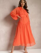 bisou's project Rochie Elegantă Portocalie în Stil Vintage cu nasturi îmbrăcați și draperii Lefandia