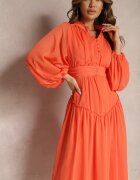 bisou's project Rochie Elegantă Portocalie în Stil Vintage cu nasturi îmbrăcați și draperii Lefandia