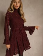 bisou's project Rochie Grena cu Guler Înalt din Dantelă Decorată cu Șnur în Talie și Volane Elarassa