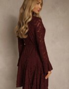 bisou's project Rochie Grena cu Guler Înalt din Dantelă Decorată cu Șnur în Talie și Volane Elarassa