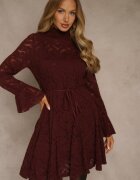 bisou's project Rochie Grena cu Guler Înalt din Dantelă Decorată cu Șnur în Talie și Volane Elarassa