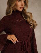 bisou's project Rochie Grena cu Guler Înalt din Dantelă Decorată cu Șnur în Talie și Volane Elarassa