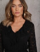 bisou's project Rochie neagră din dantelă decorată cu mâneci evazate și curea subțire Kylimna