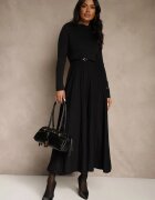 bisou's project Rochie Neagră Din Tricot Cloș Cu Mâneci Lungi Cu Viscoză și Curea Tusnira