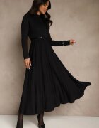 bisou's project Rochie Neagră Din Tricot Cloș Cu Mâneci Lungi Cu Viscoză și Curea Tusnira