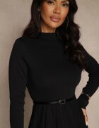 bisou's project Rochie Neagră Din Tricot Cloș Cu Mâneci Lungi Cu Viscoză și Curea Tusnira