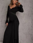 bisou's project Rochie Neagră din vâscoză de seară cu volane dantelă și trenă legată Lenivna
