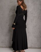 bisou's project Rochie Neagră din vâscoză de seară cu volane dantelă și trenă legată Lenivna