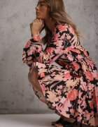 bisou's project Rochie Neagră din Viscoză cu Imprimeu Floral Decorată cu O Curea Asintena
