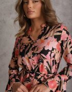 bisou's project Rochie Neagră din Viscoză cu Imprimeu Floral Decorată cu O Curea Asintena