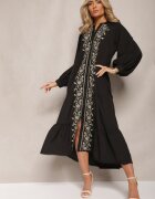 bisou's project Rochie neagră midi cu croială trapezoidală cu broderii decorative în stil Boho Tactila