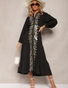 bisou's project Rochie neagră midi cu croială trapezoidală cu broderii decorative în stil Boho Tactila