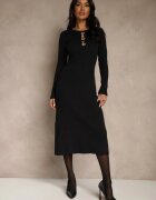 bisou's project Rochie Neagră Rebrată din Tricot cu Vâscoză Decorată cu Aplicații Tusmeira