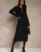 bisou's project Rochie Neagră Rebrată din Tricot cu Vâscoză Decorată cu Aplicații Tusmeira