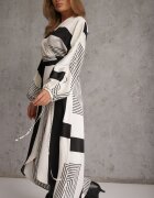 bisou's project Rochie neagră tip plic kimono legată în talie decorată cu model geometric Erostta